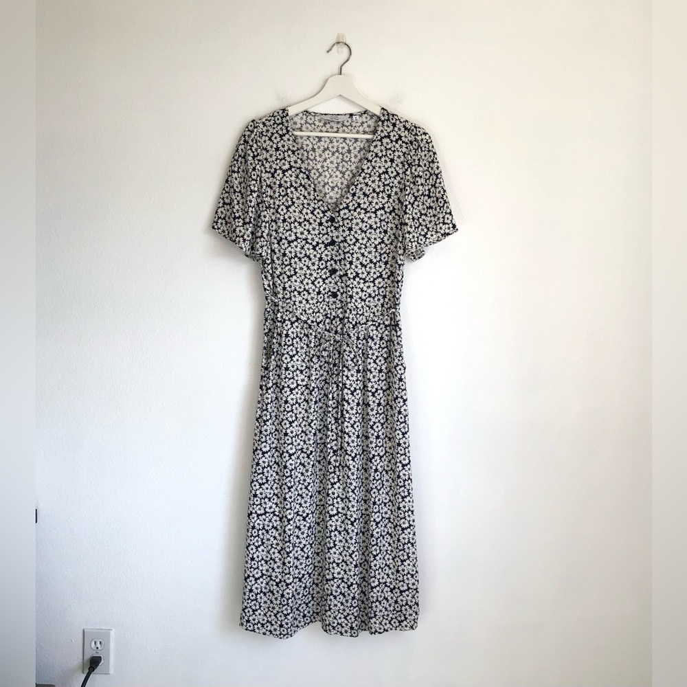 & Other Stories Navy Blue / White Floral Tie Waist Midi Dress Size US 8